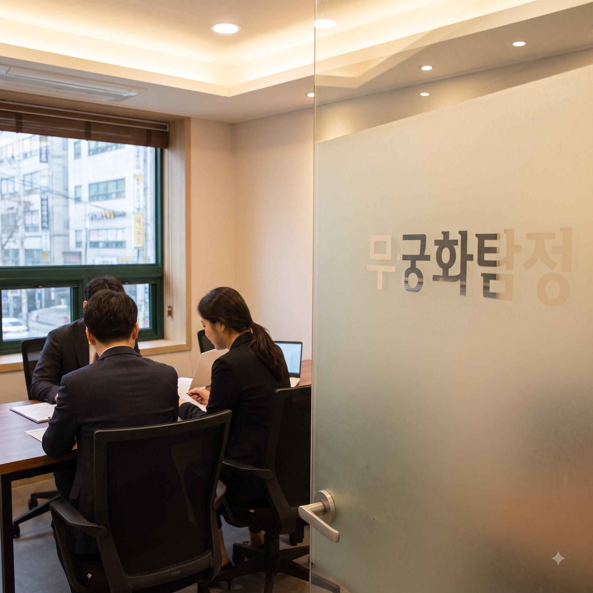 유리문 너머 테이블에서 함께 자료를 살펴보는 모습